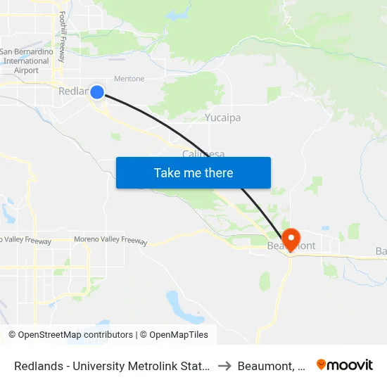 Redlands - University Metrolink Station to Beaumont, CA map