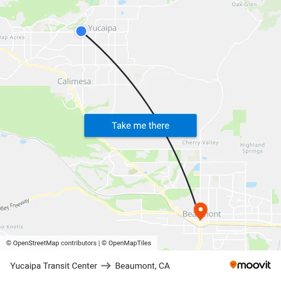 Yucaipa Transit Center to Beaumont, CA map