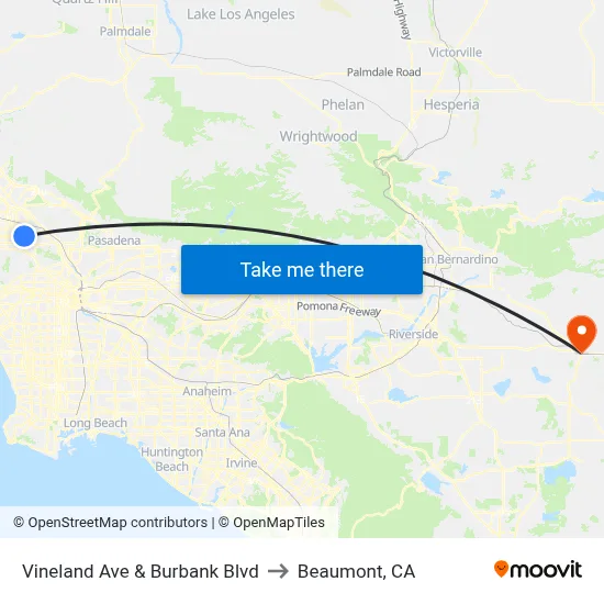 Vineland Ave & Burbank Blvd to Beaumont, CA map