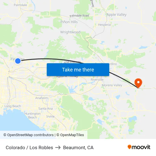 Colorado / Los Robles to Beaumont, CA map