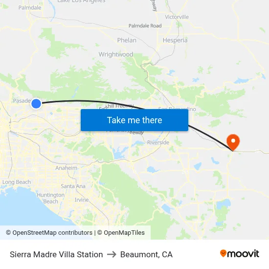 Sierra Madre Villa Station to Beaumont, CA map