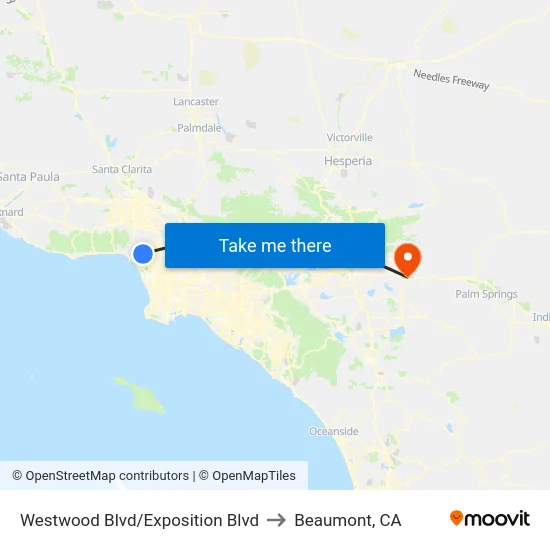 Westwood Blvd/Exposition Blvd to Beaumont, CA map