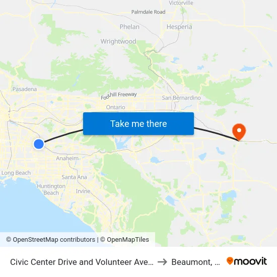 Civic Center Drive and Volunteer Avenue to Beaumont, CA map