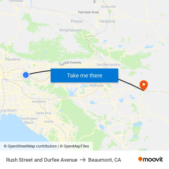 Rush Street and Durfee Avenue to Beaumont, CA map