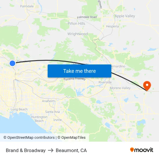 Brand & Broadway to Beaumont, CA map