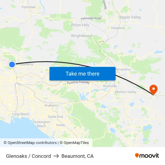 Glenoaks / Concord to Beaumont, CA map