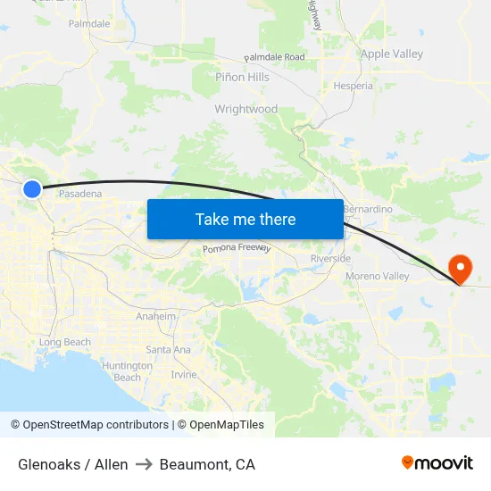 Glenoaks / Allen to Beaumont, CA map