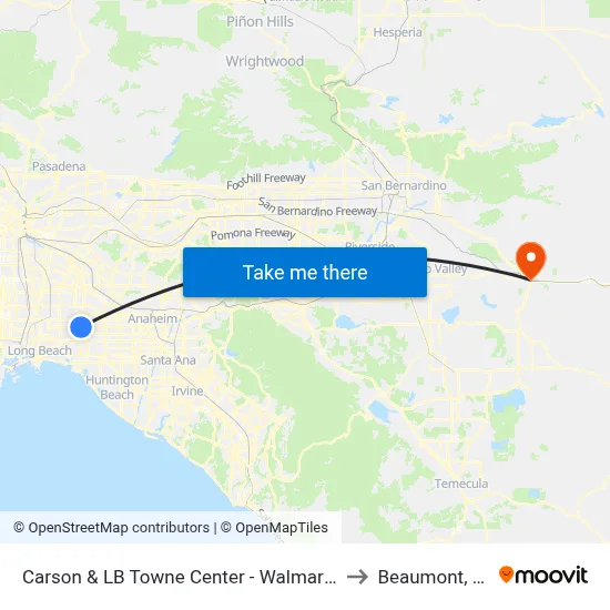 Carson & LB Towne Center - Walmart SE to Beaumont, CA map
