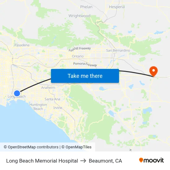 Long Beach Memorial Hospital to Beaumont, CA map