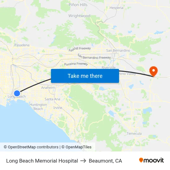 Long Beach Memorial Hospital to Beaumont, CA map