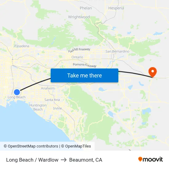 Long Beach / Wardlow to Beaumont, CA map