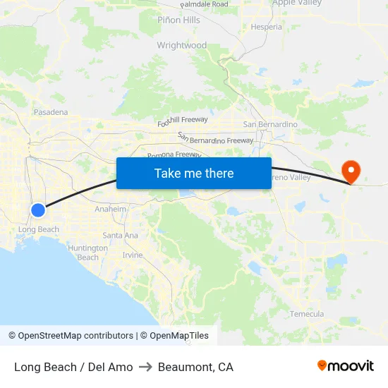 Long Beach / Del Amo to Beaumont, CA map