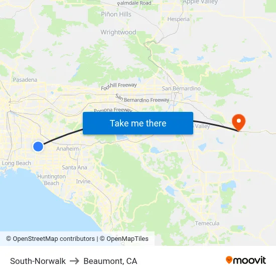South-Norwalk to Beaumont, CA map