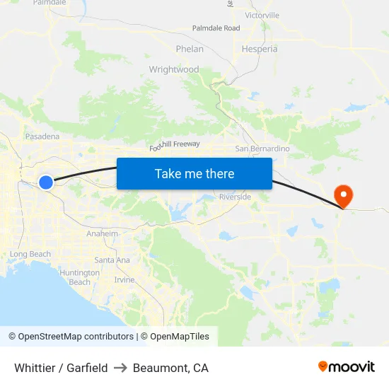 Whittier / Garfield to Beaumont, CA map