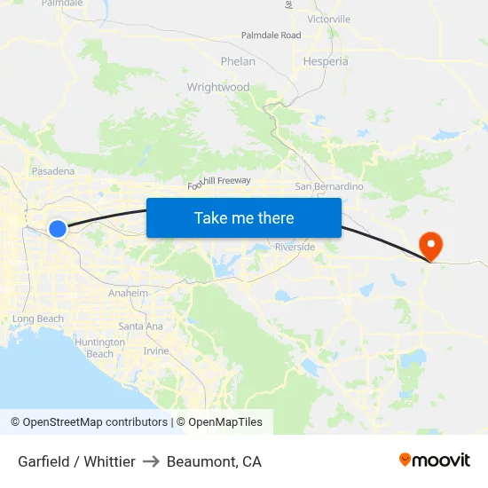 Garfield / Whittier to Beaumont, CA map