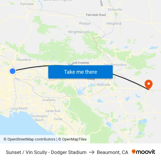 Sunset / Vin Scully - Dodger Stadium to Beaumont, CA map