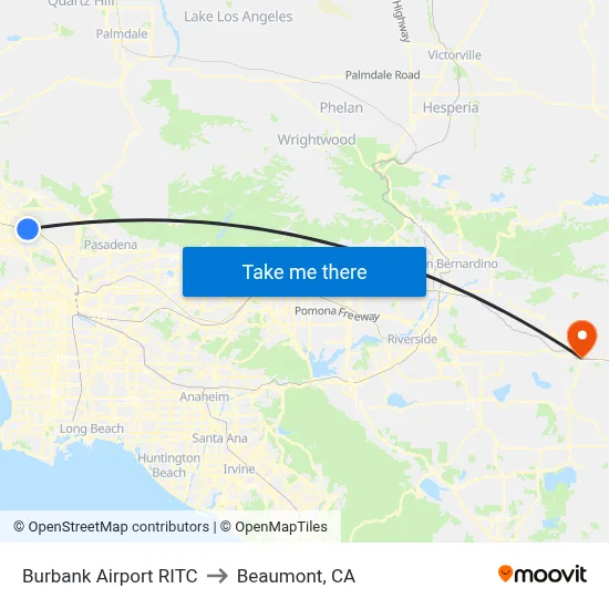 Burbank Airport RITC to Beaumont, CA map