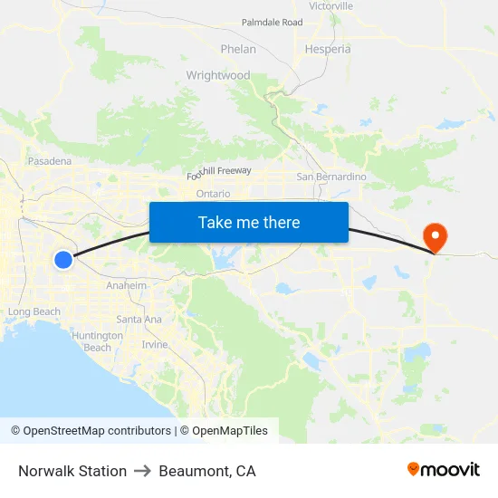 Norwalk Station to Beaumont, CA map
