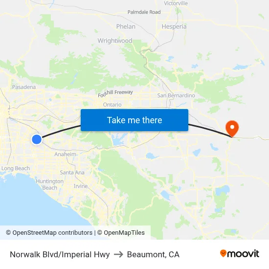 Norwalk Blvd/Imperial Hwy to Beaumont, CA map