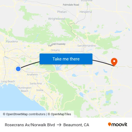 Rosecrans Av/Norwalk Blvd to Beaumont, CA map