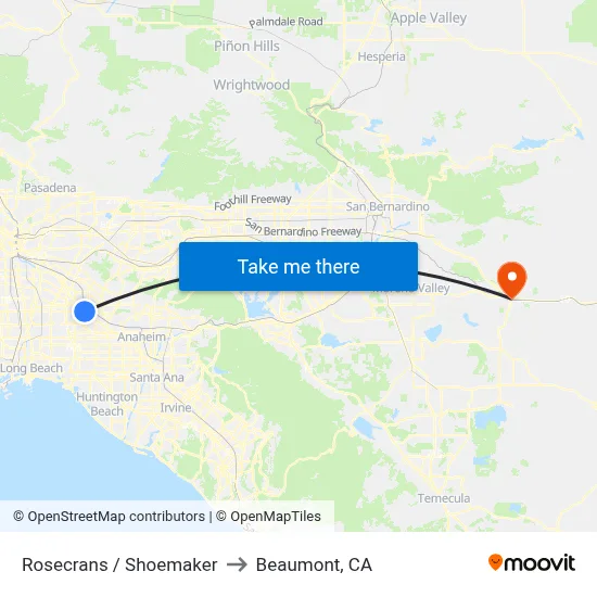 Rosecrans / Shoemaker to Beaumont, CA map