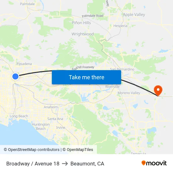 Broadway / Avenue 18 to Beaumont, CA map