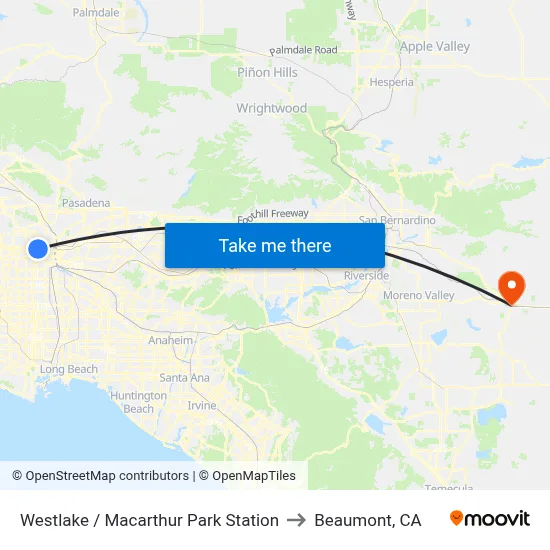 Westlake / Macarthur Park Station to Beaumont, CA map