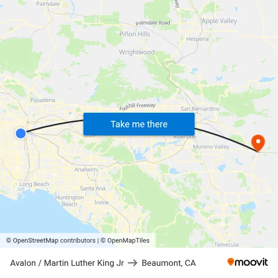 Avalon / Martin Luther King Jr to Beaumont, CA map