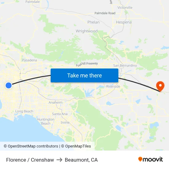 Florence / Crenshaw to Beaumont, CA map