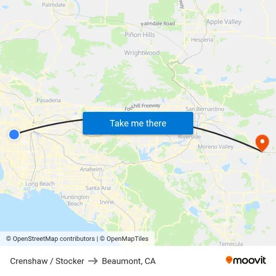 Crenshaw / Stocker to Beaumont, CA map