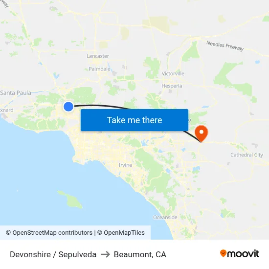 Devonshire / Sepulveda to Beaumont, CA map