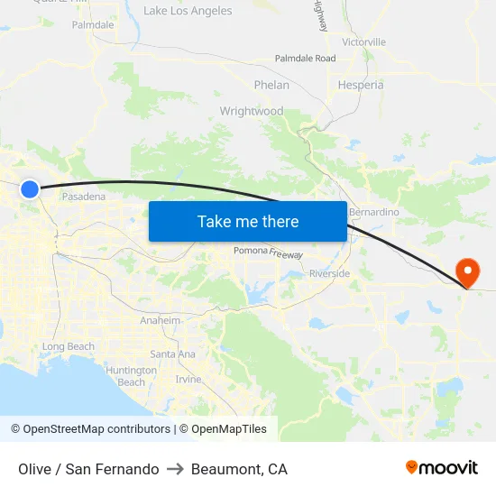 Olive / San Fernando to Beaumont, CA map