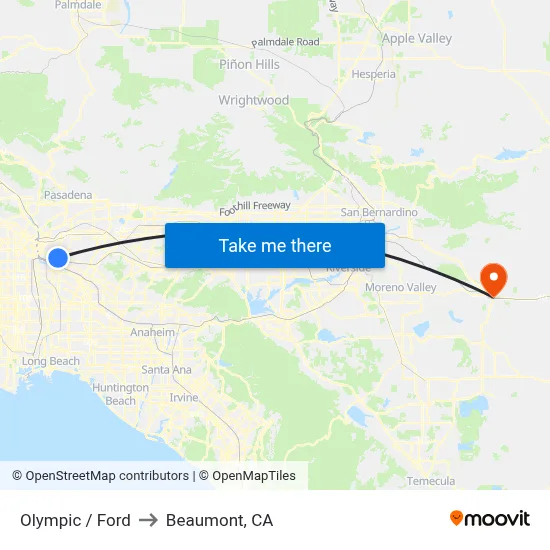 Olympic / Ford to Beaumont, CA map