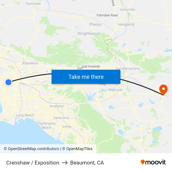Crenshaw / Exposition to Beaumont, CA map