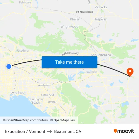 Exposition / Vermont to Beaumont, CA map