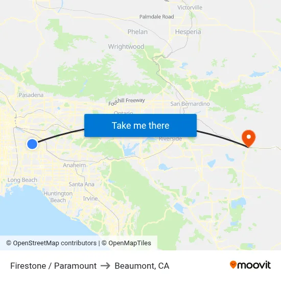 Firestone / Paramount to Beaumont, CA map