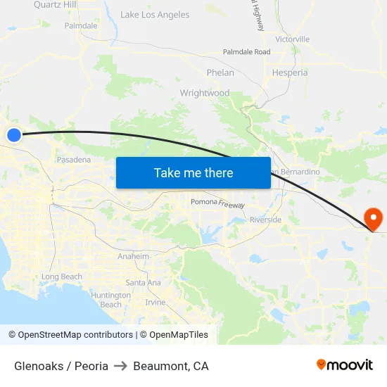 Glenoaks / Peoria to Beaumont, CA map