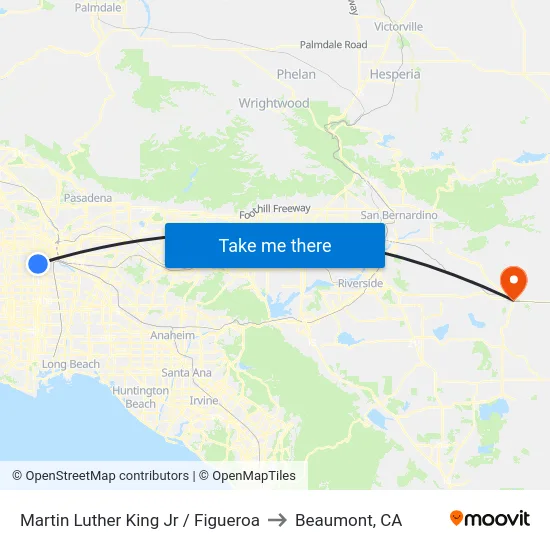 Martin Luther King Jr / Figueroa to Beaumont, CA map