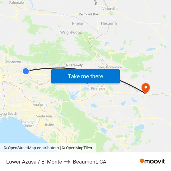 Lower Azusa / El Monte to Beaumont, CA map