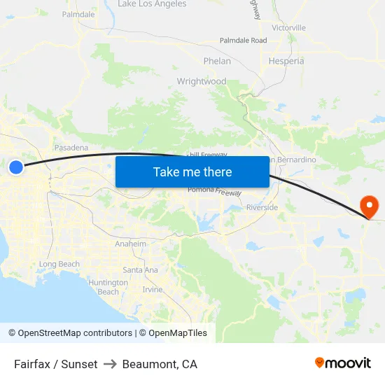 Fairfax / Sunset to Beaumont, CA map