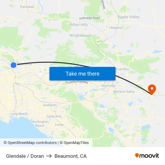 Glendale / Doran to Beaumont, CA map