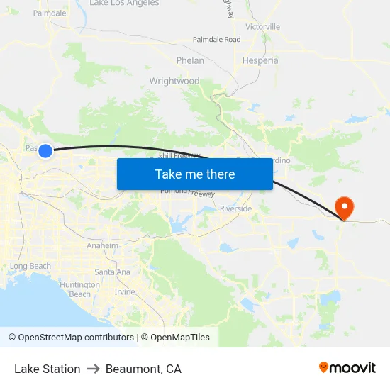Lake Station to Beaumont, CA map