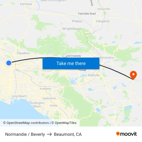 Normandie / Beverly to Beaumont, CA map