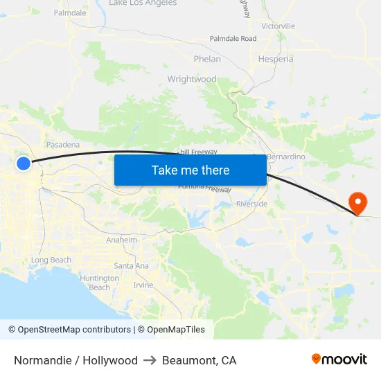 Normandie / Hollywood to Beaumont, CA map