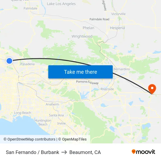 San Fernando / Burbank to Beaumont, CA map