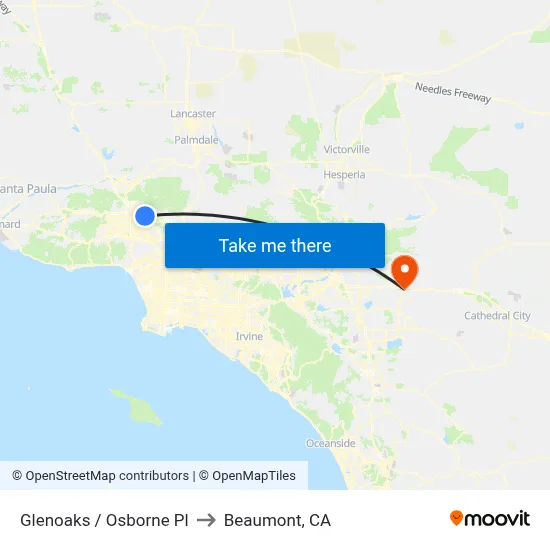 Glenoaks / Osborne Pl to Beaumont, CA map