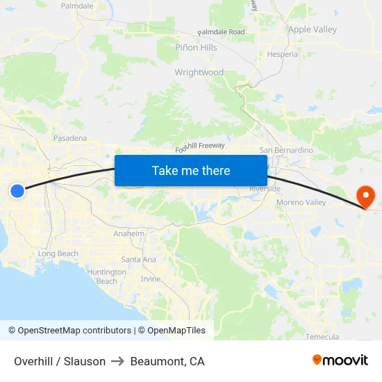 Overhill / Slauson to Beaumont, CA map
