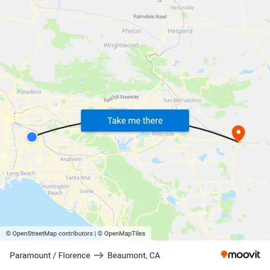 Paramount / Florence to Beaumont, CA map