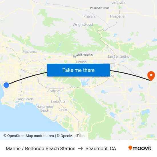 Marine / Redondo Beach Station to Beaumont, CA map