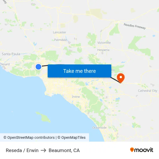 Reseda / Erwin to Beaumont, CA map